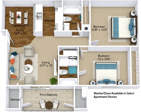 Paris two bedroom 3D floor plan